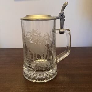 Vintage Beer Glass Stein Mug Lid Etched Deer Stag Elk Hunting Jäger Signed ALWE